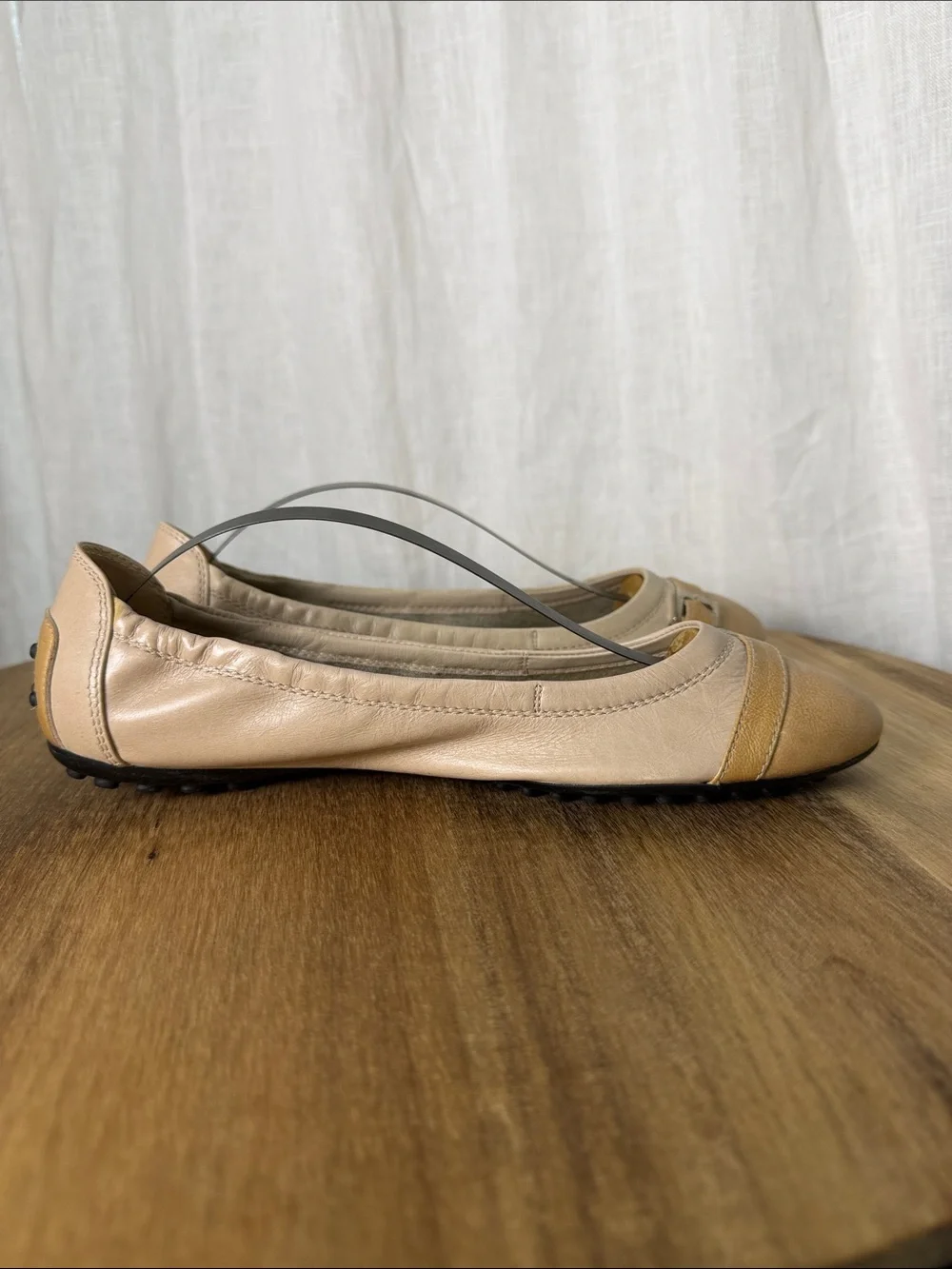 Tod's Two-Tone Beige & Tan Leather Ballet Flats with Buckle